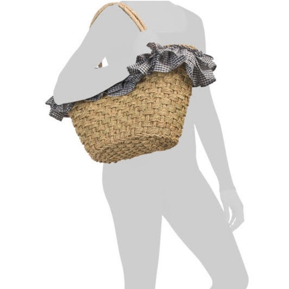 Straw Tote beach bag with Gingham Trim - Picture 2 of 13